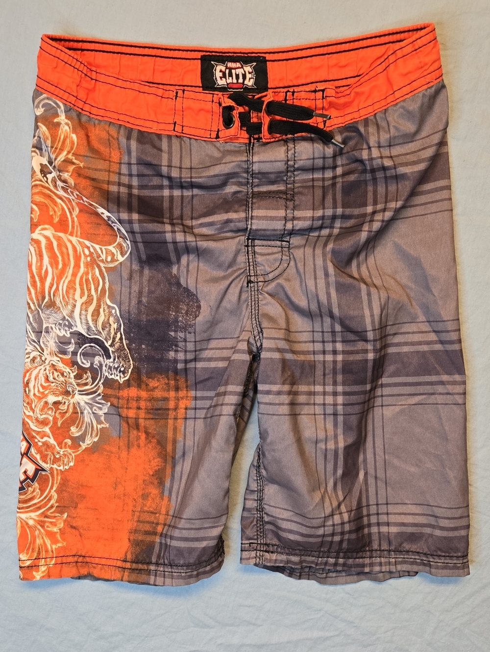 Mma Elite Tiger Graphic Plaid Swim Shorts Orange & Grey Vintage Y2K